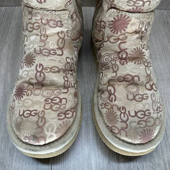 UGG 5515 Tall Winter Boots Womens 6 Lined Monogram Logo Zip Tan Beige - Picture 4 of 12